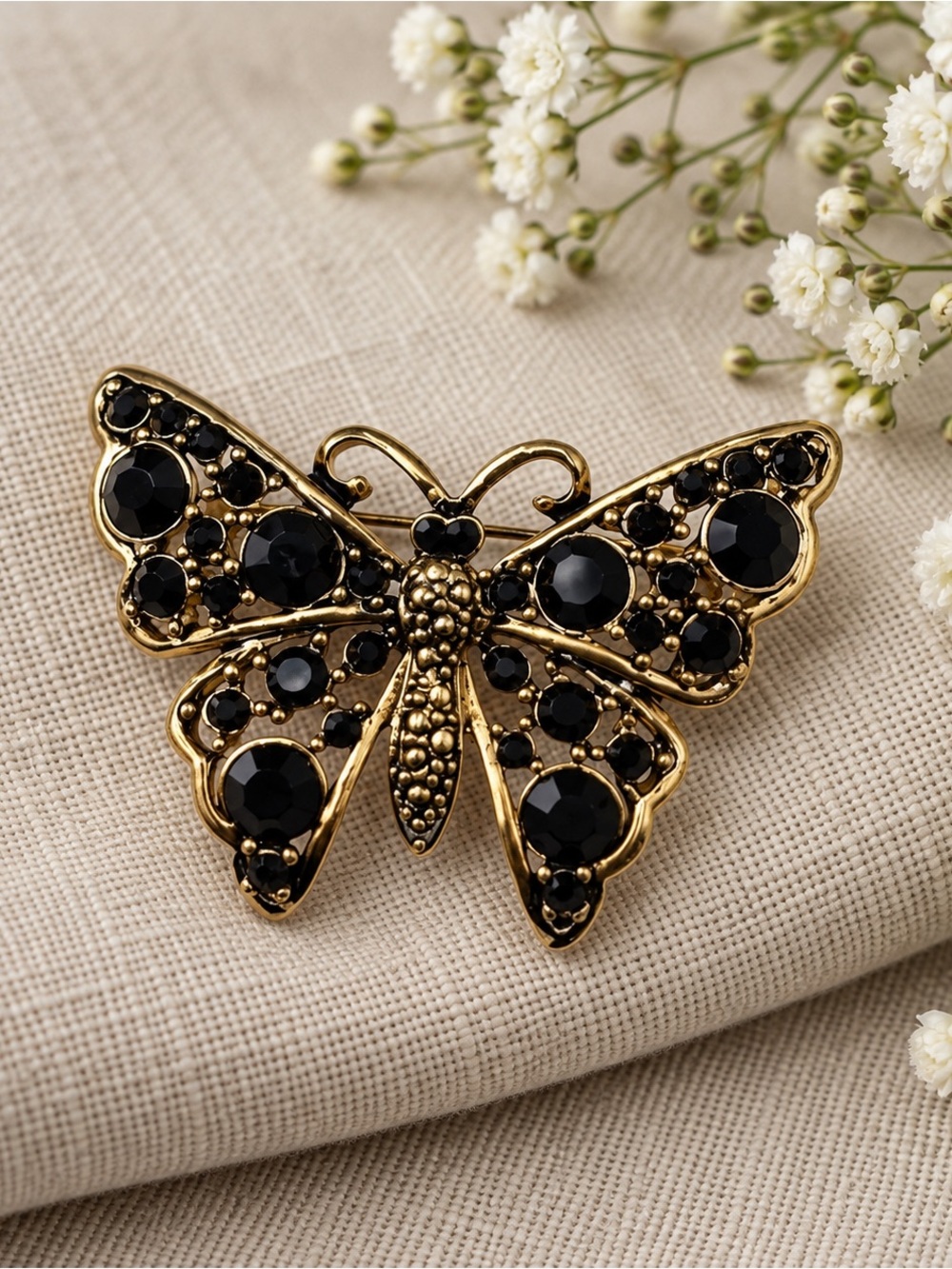 Vintage Gold-Tone Black Rhinestone Butterfly Brooch Statement Pin
